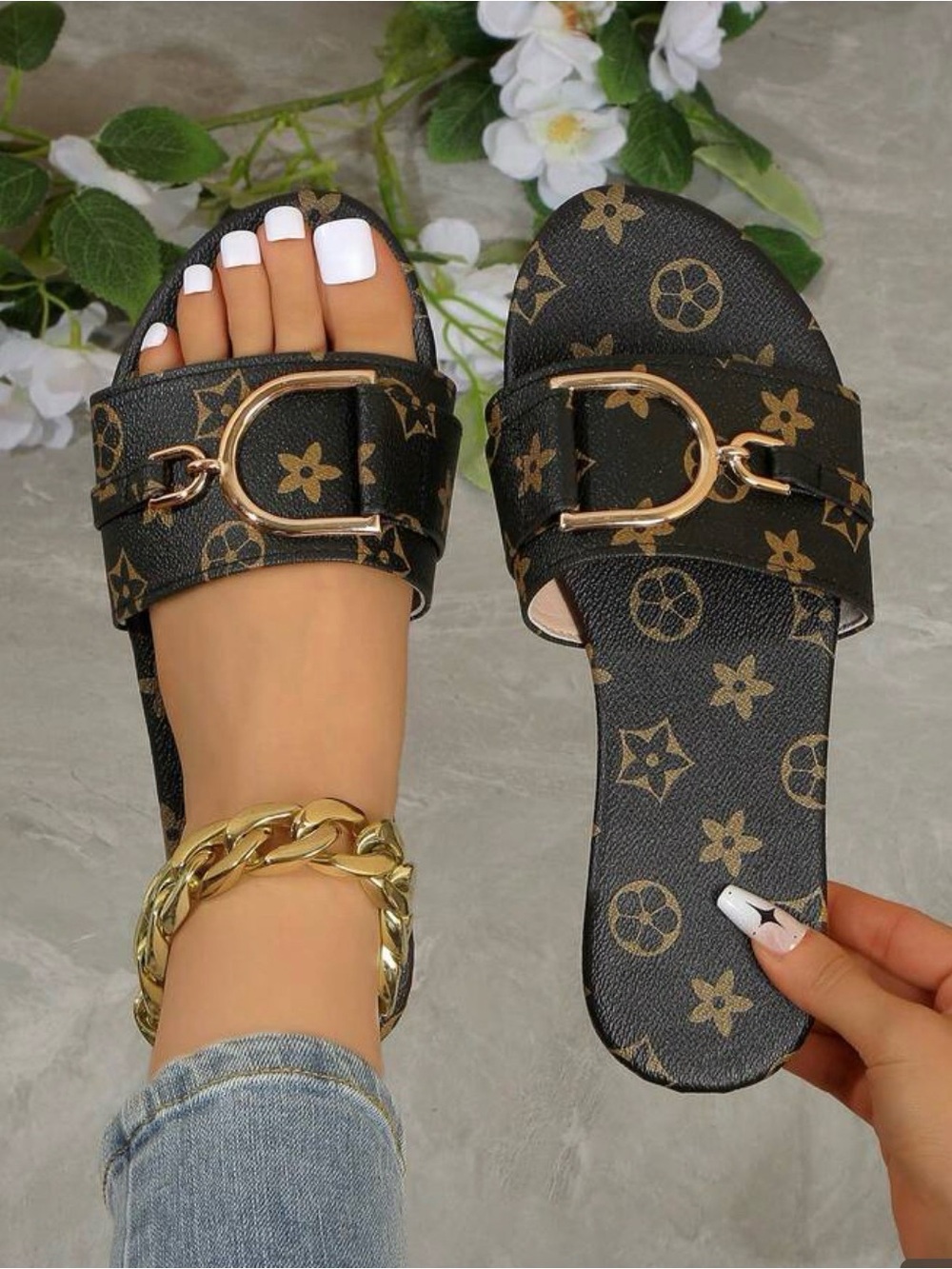 Women's brown monogram -Print Slide Sandals with Gold Buckle